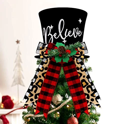 Buffalo Plaid Christmas Tree Topper Top Hat With Handmade Leopard Black And Red Check Bows Xmas Believe Ornament Winter Holiday Santa Home Decoration Wreath Festive Gift Ideas Supplies 5 Buffalo Plaid Christmas Tree Topper Top Hat With Handmade Leopard Black And Red Check Bows Xmas Believe Ornament Winter Holiday Santa Home Decoration Wreath Festive Gift Ideas Supplies - Image 3
