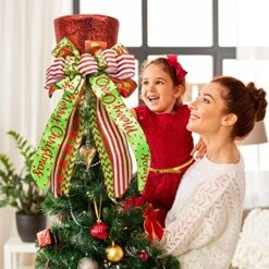 Yuboo Sequin Christmas Tree Topper,Red Green Tree Topper Bow Hat With Red Streamer,Hanging Decorative Xmas Ornament Set For Christmas Decor & Gift -National Tree Company Sale Shop 51mHQolN1hL
