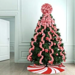 Zomiboo Christmas Tree Decoration Set Include Christmas Tree Topper Bow, Decorative Strips Ribbon, Christmas Tree Skirt With Annual Ring For Farmhouse, Wreath Crafts Decorations(Candy Style, 40 Inch) -National Tree Company Sale Shop 51mOkHkXXyL
