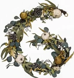 Valery Madelyn 6 Feet Fall Garland, Hanging Artificial Eucalyptus Garland With White Pumpkin Pinecone Berries Leaves, Autumn Garland Thanksgiving Decor For Mantle Outdoor Home Party Fireplace Door