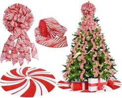 Zomiboo Christmas Tree Decoration Set Include Christmas Tree Topper Bow, Decorative Strips Ribbon, Christmas Tree Skirt With Annual Ring For Farmhouse, Wreath Crafts Decorations(Candy Style, 40 Inch) -National Tree Company Sale Shop 51mzRI9 P1L. AC
