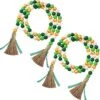 2 Pieces St. Patrick's Day Easter Day Wood Bead Garlands With Tassels 10.8 Ft Farmhouse Rustic Country Wood Bead Boho Bead Garlands For Tiered Tray Decor (Attractive Color)