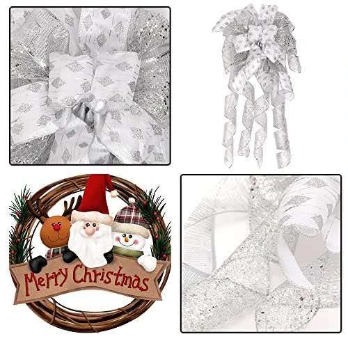 GENERIC Christmas Tree Topper Wreath Bow Long Tails 40x13 Inch Silver Bows Decorative Large Colorful Wired Edge Xmas Supplies Bows Wall Ornaments For Home Decor (Silver) 5 GENERIC Christmas Tree Topper Wreath Bow Long Tails 40x13 Inch Silver Bows Decorative Large Colorful Wired Edge Xmas Supplies Bows Wall Ornaments For Home Decor (Silver) - Image 3