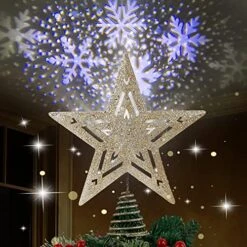 DR.DUDU Christmas Tree Topper, With Rotating Snowflake LED Projector, 3D Glitter Gold Christmas Tree Star, Christmas Decorations Treetop For Winter Home Holiday Decor