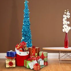 Joy-Leo 5ft Blue Pop Up Christmas Tree With Reflective Sequins, Small Pencil Artificial Christmas Tree, Collapsible Tinsel Xmas Tree, Designed For Small Spaces, Easy To Assemble, Save Space & Time -National Tree Company Sale Shop 51qWhLMr6QL