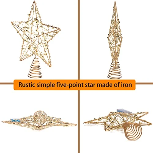 11.4" Christmas Star Tree Topper, Gold Beads Twined Star Hollow Tree Topper, Built In 15 Bulbs Gold Tree Toppers For Indoor Christmas Xmas Decorations Holiday Seasonal Decor 6 11.4" Christmas Star Tree Topper, Gold Beads Twined Star Hollow Tree Topper, Built In 15 Bulbs Gold Tree Toppers For Indoor Christmas Xmas Decorations Holiday Seasonal Decor - Image 4