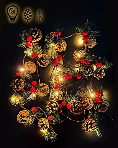 Christmas Garland With Lights, Battery Operated Christmas Lights, String Lights With Bell, Needle, Pine Cones, Red Berries, Xmas Wreath For Tree, Fireplace, Indoor Decorations, 2m/6.6FT, 20 Led 9 Christmas Garland With Lights, Battery Operated Christmas Lights, String Lights With Bell, Needle, Pine Cones, Red Berries, Xmas Wreath For Tree, Fireplace, Indoor Decorations, 2m/6.6FT, 20 Led - Image 7