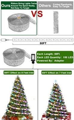 TURNMEON [ Extra Long ] 50 Ft 150 LED Ribbon Christmas Tree Lights Decoration, Adapter Powered Double Layer Copper Wire Fairy String Lights Christmas Tree Decorations Home Indoor New Year