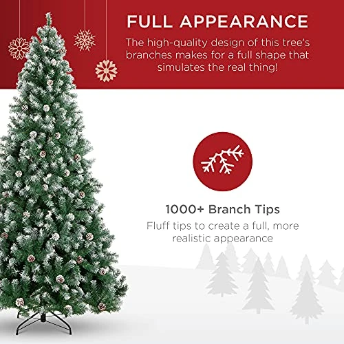 Best Choice Products 7.5ft Pre-Decorated Holiday Christmas Tree For Home, Office, Party Decoration W/ 1,346 PVC Branch Tips, Partially Flocked Design, Pine Cones, Metal Hinges & Base - Green/White 6 Best Choice Products 7.5ft Pre-Decorated Holiday Christmas Tree For Home, Office, Party Decoration W/ 1,346 PVC Branch Tips, Partially Flocked Design, Pine Cones, Metal Hinges & Base - Green/White - Image 4
