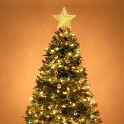 INAROCK Christmas Tree Toppers，8-Inch Star Tree Toppers Metal Design Glittered Tree-top Star, 15 LED Lights Christmas Tree Topper Star For Christmas Home Decoration (Golden)