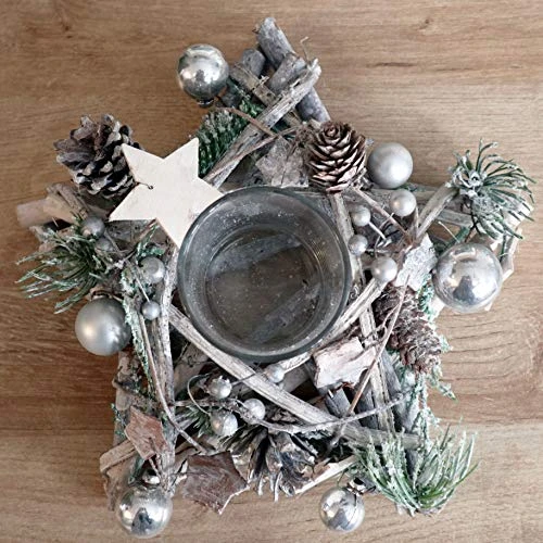 SHATCHI Star Shape Wooden Candle Holder Tabletop Centrepiece Christmas Holiday Home Decorated With Red/Silver Baubles, Berries And Cones (34cm/24cm), Wood, 242411 Cm 7 SHATCHI Star Shape Wooden Candle Holder Tabletop Centrepiece Christmas Holiday Home Decorated With Red/Silver Baubles, Berries And Cones (34cm/24cm), Wood, 242411 Cm - Image 5