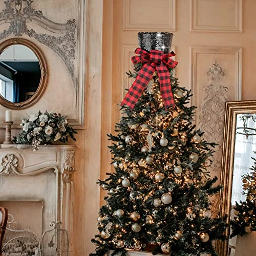 Christmas Tree Topper Hat, Homgaty Sequins Bling Bowler Derby Hat With Lattice Bow And Long Ribbon, Christmas Tree Decorations Topper Hat Ornament For Holiday Home Decor (Black) 6 Christmas Tree Topper Hat, Homgaty Sequins Bling Bowler Derby Hat With Lattice Bow And Long Ribbon, Christmas Tree Decorations Topper Hat Ornament For Holiday Home Decor (Black) - Image 4
