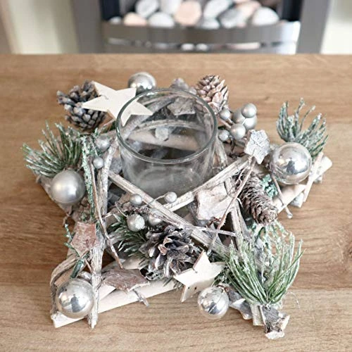 SHATCHI Star Shape Wooden Candle Holder Tabletop Centrepiece Christmas Holiday Home Decorated With Red/Silver Baubles, Berries And Cones (34cm/24cm), Wood, 242411 Cm 9 SHATCHI Star Shape Wooden Candle Holder Tabletop Centrepiece Christmas Holiday Home Decorated With Red/Silver Baubles, Berries And Cones (34cm/24cm), Wood, 242411 Cm - Image 7