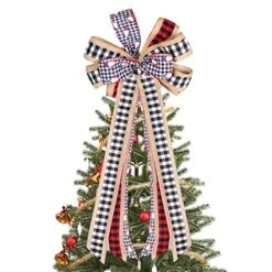 WBCBEC Christmas Tree Bow Topper, 31 X 13 Inches Red Black Christmas Bow Topper, Handmade Buffalo Plaid Decorative Bow, Burlap Wreath Bows Xmas Tree Topper, Handmade Tree Toppers Christmas Decorations