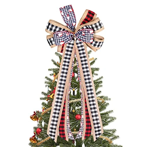 WBCBEC Christmas Tree Bow Topper, 31 X 13 Inches Red Black Christmas Bow Topper, Handmade Buffalo Plaid Decorative Bow, Burlap Wreath Bows Xmas Tree Topper, Handmade Tree Toppers Christmas Decorations 3 WBCBEC Christmas Tree Bow Topper, 31 X 13 Inches Red Black Christmas Bow Topper, Handmade Buffalo Plaid Decorative Bow, Burlap Wreath Bows Xmas Tree Topper, Handmade Tree Toppers Christmas Decorations