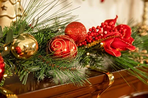 Valery Madelyn Pre-Lit 9 Feet Luxury Red Gold Christmas Garland With 40 LED Warm Lights And Ball Ornaments Poinsettia For Front Door Window Fireplace Mantle Xmas Decor, Battery Operated 5 Valery Madelyn Pre-Lit 9 Feet Luxury Red Gold Christmas Garland With 40 LED Warm Lights And Ball Ornaments Poinsettia For Front Door Window Fireplace Mantle Xmas Decor, Battery Operated - Image 3