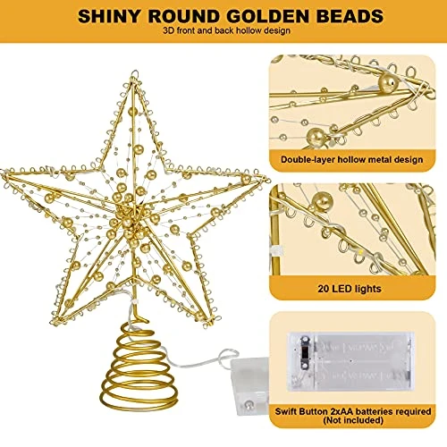 MAIAGO 10 Inch Christmas Star Tree Topper With 20 LED Warm White Lights, Shiny Round Golden Beads Design For Christmas Tree Decorations, Xmas/Holiday/Winter Party Home Decoration (Gold) 5 MAIAGO 10 Inch Christmas Star Tree Topper With 20 LED Warm White Lights, Shiny Round Golden Beads Design For Christmas Tree Decorations, Xmas/Holiday/Winter Party Home Decoration (Gold) - Image 3
