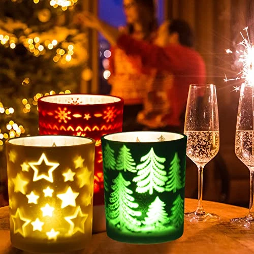 Rancco Tealight Candle Holders For Christmas, 3 Color Indoor Xmas Decor Tea Light Candle Jar For Centerpieces & Party Decoration, Votive Candle Holders W/Elk, Christmas Tree, Stars Designs,3.3x2.6in 3 Rancco Tealight Candle Holders For Christmas, 3 Color Indoor Xmas Decor Tea Light Candle Jar For Centerpieces & Party Decoration, Votive Candle Holders W/Elk, Christmas Tree, Stars Designs,3.3x2.6in