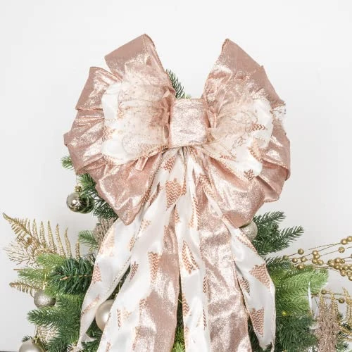 Christmas Tree Topper, 32x12 Inches Large Toppers Single Sided Bow With Glitter Streamer, Rose Gold Christmas Tree Topper Bow For Christmas Decoration (Rose Gold) 4 Christmas Tree Topper, 32x12 Inches Large Toppers Single Sided Bow With Glitter Streamer, Rose Gold Christmas Tree Topper Bow For Christmas Decoration (Rose Gold) - Image 2