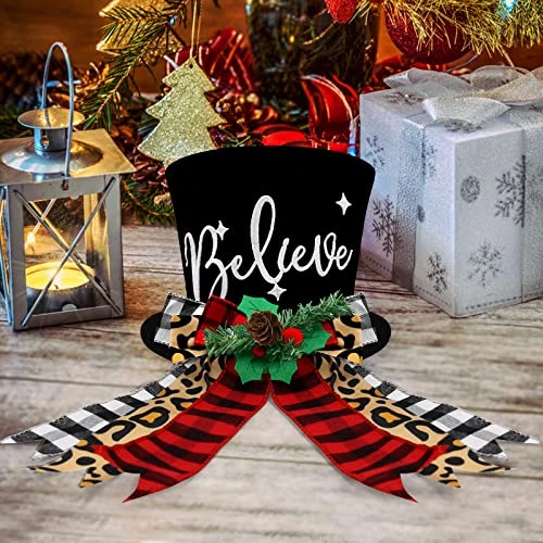 Buffalo Plaid Christmas Tree Topper Top Hat With Handmade Leopard Black And Red Check Bows Xmas Believe Ornament Winter Holiday Santa Home Decoration Wreath Festive Gift Ideas Supplies 6 Buffalo Plaid Christmas Tree Topper Top Hat With Handmade Leopard Black And Red Check Bows Xmas Believe Ornament Winter Holiday Santa Home Decoration Wreath Festive Gift Ideas Supplies - Image 4