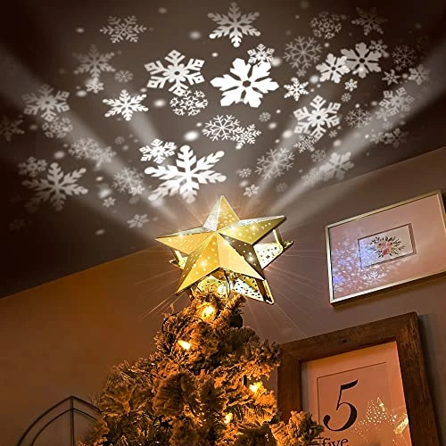 KPCB Christmas Tree Topper Lighted Decoration, Star Tree Topper With Gold Plated Finish, Tree Toppers Christmas Decorations With Snowstorm Projection 4 KPCB Christmas Tree Topper Lighted Decoration, Star Tree Topper With Gold Plated Finish, Tree Toppers Christmas Decorations With Snowstorm Projection - Image 2