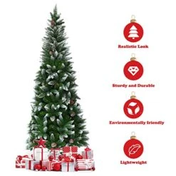 Goplus 6ft Artificial Pencil Christmas Tree, Snow Flocked Unlit Slim Xmas Tree With 29 Pine Cones, 630 PVC Branch Tips, Metal Stand, For Indoor Holiday Home Office Décor -National Tree Company Sale Shop 51zhWHrNJKL