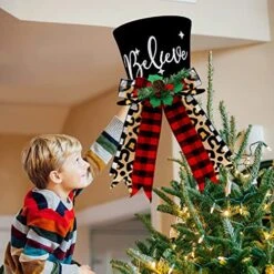 Buffalo Plaid Christmas Tree Topper Top Hat With Handmade Leopard Black And Red Check Bows Xmas Believe Ornament Winter Holiday Santa Home Decoration Wreath Festive Gift Ideas Supplies