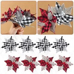 12 Pieces Christmas Buffalo Plaid Poinsettias 6.7 Inches Artificial Christmas Tree Ornaments Checked Xmas Flower With Bells For Rustic Christmas Tree Wreath Garland (Red Black, Black White) -National Tree Company Sale Shop 6114bwhGL. AC