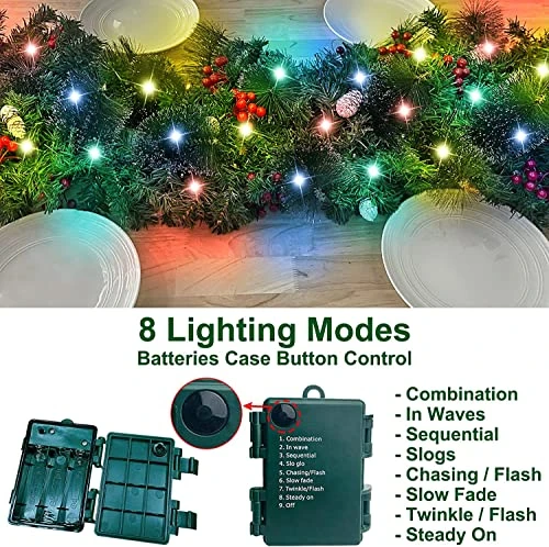 AMENON 9 Ft 100 LED Prelit Christmas Garland Decoration Light Timer 8 Modes 30 Snowy Bristle Pine 198 Red Berries Pinecones Battery Opperate Mantle Garland Fireplace Indoor Home Xmas Decor(Colorful) 6 AMENON 9 Ft 100 LED Prelit Christmas Garland Decoration Light Timer 8 Modes 30 Snowy Bristle Pine 198 Red Berries Pinecones Battery Opperate Mantle Garland Fireplace Indoor Home Xmas Decor(Colorful) - Image 4