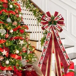 MOLILI Christmas Tree Topper Bows With Long Streamers,44.5x13 Inches Red Truck Buffalo Plaid Ribbon Bow Christmas Decorations,Rustic Farmhouse Banister Christmas Tree Ornament Red -National Tree Company Sale Shop 615U7aThy1L