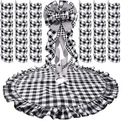 Christmas Tree Topper Bow Buffalo Plaid Christmas Tree Topper Xmas Decor Rustic Tree Toppers Large Outdoor Bows Ribbon Tree Topper With Xmas Plaid Tree Skirt Ornament (Black And White)
