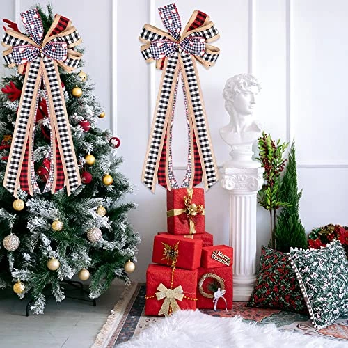 WBCBEC Christmas Tree Bow Topper, 31 X 13 Inches Red Black Christmas Bow Topper, Handmade Buffalo Plaid Decorative Bow, Burlap Wreath Bows Xmas Tree Topper, Handmade Tree Toppers Christmas Decorations 7 WBCBEC Christmas Tree Bow Topper, 31 X 13 Inches Red Black Christmas Bow Topper, Handmade Buffalo Plaid Decorative Bow, Burlap Wreath Bows Xmas Tree Topper, Handmade Tree Toppers Christmas Decorations - Image 5