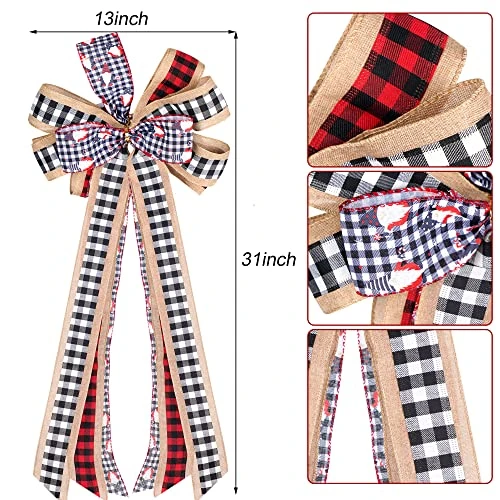WBCBEC Christmas Tree Bow Topper, 31 X 13 Inches Red Black Christmas Bow Topper, Handmade Buffalo Plaid Decorative Bow, Burlap Wreath Bows Xmas Tree Topper, Handmade Tree Toppers Christmas Decorations 4 WBCBEC Christmas Tree Bow Topper, 31 X 13 Inches Red Black Christmas Bow Topper, Handmade Buffalo Plaid Decorative Bow, Burlap Wreath Bows Xmas Tree Topper, Handmade Tree Toppers Christmas Decorations - Image 2