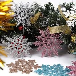 RECUTMS 40Pcs Plastic Snowflake Ornaments Christmas Glitter Snowflakes Hanging Crafts For Wedding Birthday Home Xmas Tree Window Door Accessories,4 Inches,2 Pattern (Champagne) -National Tree Company Sale Shop 61B2qcEYKsL