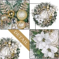 Valery Madelyn Pre-Lit 30 Inch Elegant Champagne Gold Large Lighted Christmas Wreaths For Front Door With Ball Ornaments Beads, Battery Operated 40 LED Lights, Holiday Decoration Fireplace Xmas Decor -National Tree Company Sale Shop 61Cn1ZoMcUL