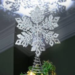 Joiedomi Christmas Tree Toppers, Silver Snowflake Tree Topper Lighted With LED Rotating White Star Snowflake Projector Light For Xmas Tree Decorations, Holiday Party Indoor Decor