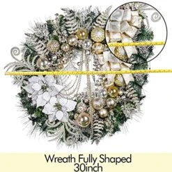 Valery Madelyn Pre-Lit 30 Inch Elegant Champagne Gold Large Lighted Christmas Wreaths For Front Door With Ball Ornaments Beads, Battery Operated 40 LED Lights, Holiday Decoration Fireplace Xmas Decor -National Tree Company Sale Shop 61JMtf1MpLL