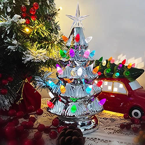 Sunnyglade 11" Ceramic Christmas Tree Tabletop Christmas Tree Lights With 28 Multicolored Lights And 1 Star Toppers For Table Top Desk Classic Series Christmas Decoration (Silver) 5 Sunnyglade 11" Ceramic Christmas Tree Tabletop Christmas Tree Lights With 28 Multicolored Lights And 1 Star Toppers For Table Top Desk Classic Series Christmas Decoration (Silver) - Image 3