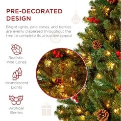 Best Choice Products 6ft Pre-Lit Pre-Decorated Spruce Hinged Artificial Christmas Tree W/ 798 Tips, 29 Pinecones, 29 Berries, 250 Lights, Metal Base -National Tree Company Sale Shop 61Mir6yDa0S