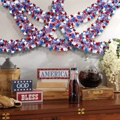 SURCVIO 4th Of July Patriotic Tinsel Garland Decoration 3 Pack 50 Ft, Red, White And Blue Tinsel Garland With Star Metallic Glitter Hanging Garland For Independence Day Indoor And Outdoor Decorations -National Tree Company Sale Shop 61MvEtiln7L
