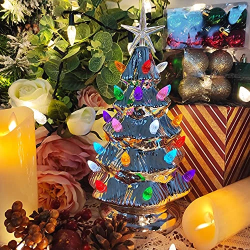 Sunnyglade 11" Ceramic Christmas Tree Tabletop Christmas Tree Lights With 28 Multicolored Lights And 1 Star Toppers For Table Top Desk Classic Series Christmas Decoration (Silver) 4 Sunnyglade 11" Ceramic Christmas Tree Tabletop Christmas Tree Lights With 28 Multicolored Lights And 1 Star Toppers For Table Top Desk Classic Series Christmas Decoration (Silver) - Image 2