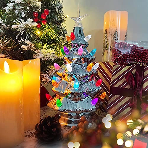 Sunnyglade 11" Ceramic Christmas Tree Tabletop Christmas Tree Lights With 28 Multicolored Lights And 1 Star Toppers For Table Top Desk Classic Series Christmas Decoration (Silver) 6 Sunnyglade 11" Ceramic Christmas Tree Tabletop Christmas Tree Lights With 28 Multicolored Lights And 1 Star Toppers For Table Top Desk Classic Series Christmas Decoration (Silver) - Image 4