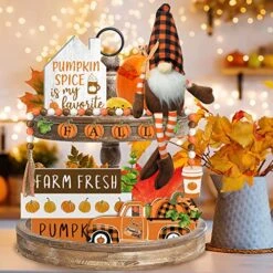 Cocomong Fall Decor - Fall Decorations For Home, Fall Tiered Tray Decor, 11 PC Pumpkin Fall Decorative Signs, Farmhouse Fall Gnome Plush For Table Decor, Farm Fresh Truck For Serving Tray -National Tree Company Sale Shop 61RTJDbYtQL