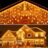Christmas Lights Outdoor, 33Ft 400 Led 8 Modes Icicle Lights Outdoor, Connectable Curtain Fairy String Lights With Timer Memory Plug In Waterproof For Holiday Wedding Christmas Decorations（Warm White）