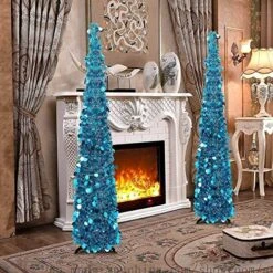 Joy-Leo 5ft Blue Pop Up Christmas Tree With Reflective Sequins, Small Pencil Artificial Christmas Tree, Collapsible Tinsel Xmas Tree, Designed For Small Spaces, Easy To Assemble, Save Space & Time -National Tree Company Sale Shop 61SAouLHCJL