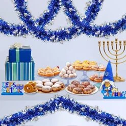 TURNMEON 18 Feet By 6 Inch Hanukkah Garland Decoration, Blue Tinsel Garland With Silver Menorah Ornaments Metallic Streamers Chanukah Hanukkah Decorations Indoor Outdoor Home Party Supplies -National Tree Company Sale Shop 61THqjA5p6L