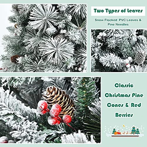 Goplus 7ft Snow Flocked Christmas Tree, Artificial Hinged Xmas Pine Tree W/ 1014 Glitter Branches, Pine Cone & Red Berries, Frosty Tree For Indoor Holiday Festival Decoration 5 Goplus 7ft Snow Flocked Christmas Tree, Artificial Hinged Xmas Pine Tree W/ 1014 Glitter Branches, Pine Cone & Red Berries, Frosty Tree For Indoor Holiday Festival Decoration - Image 3