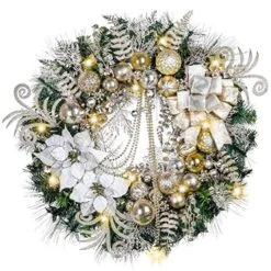 Valery Madelyn Pre-Lit 30 Inch Elegant Champagne Gold Large Lighted Christmas Wreaths For Front Door With Ball Ornaments Beads, Battery Operated 40 LED Lights, Holiday Decoration Fireplace Xmas Decor