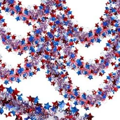 SURCVIO 4th Of July Patriotic Tinsel Garland Decoration 3 Pack 50 Ft, Red, White And Blue Tinsel Garland With Star Metallic Glitter Hanging Garland For Independence Day Indoor And Outdoor Decorations -National Tree Company Sale Shop 61byScwecAL. AC