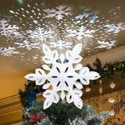 YEAHOME Snowflake Christmas Tree Topper, 3D Lighted Christmas Tree Topper Snow-White Christmas Treetop With Snowflake Projector Lights For Christmas Tree Decorations